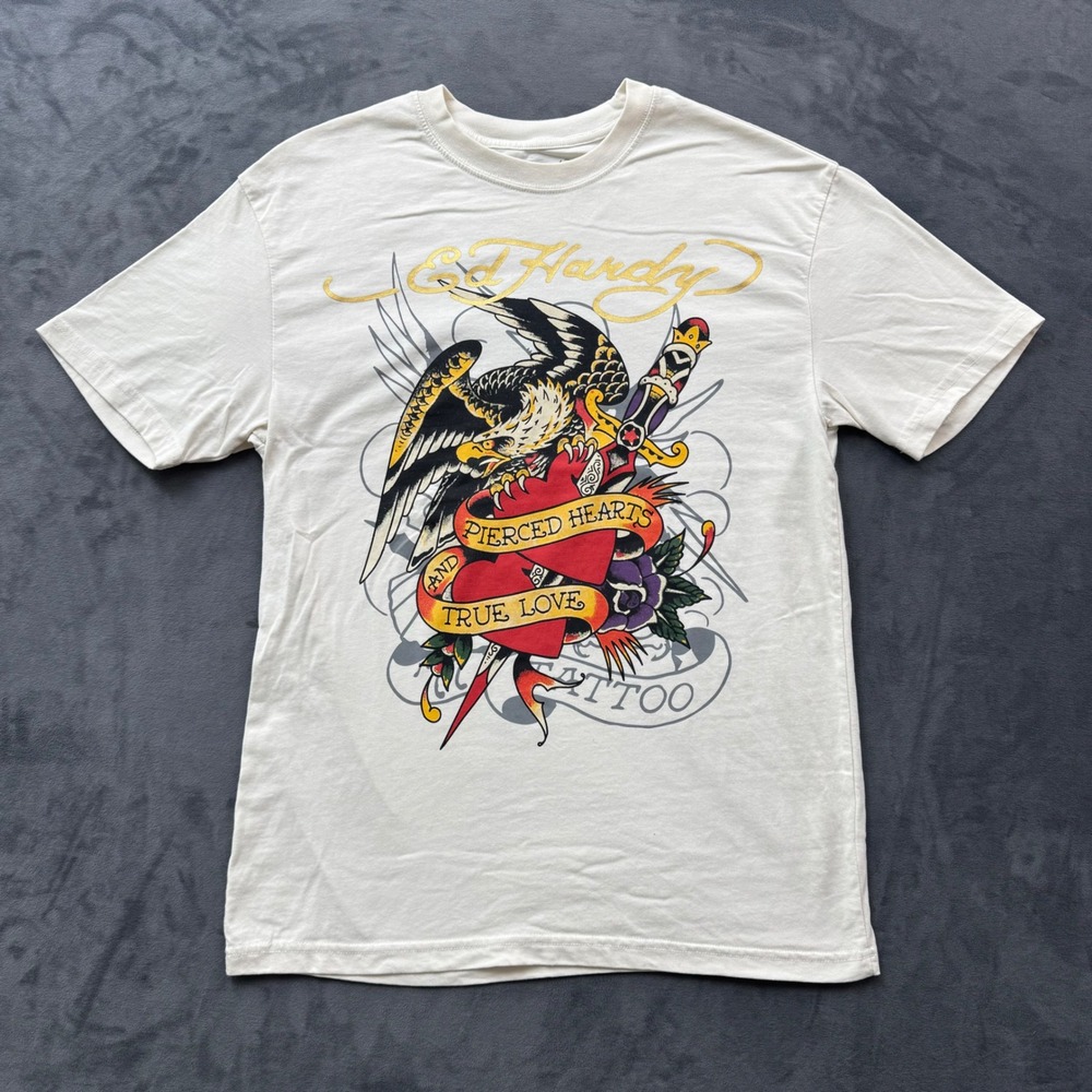 Ed Hardy Eagle Pierced Hearts True Love Graphic T-Shirt Cream Small